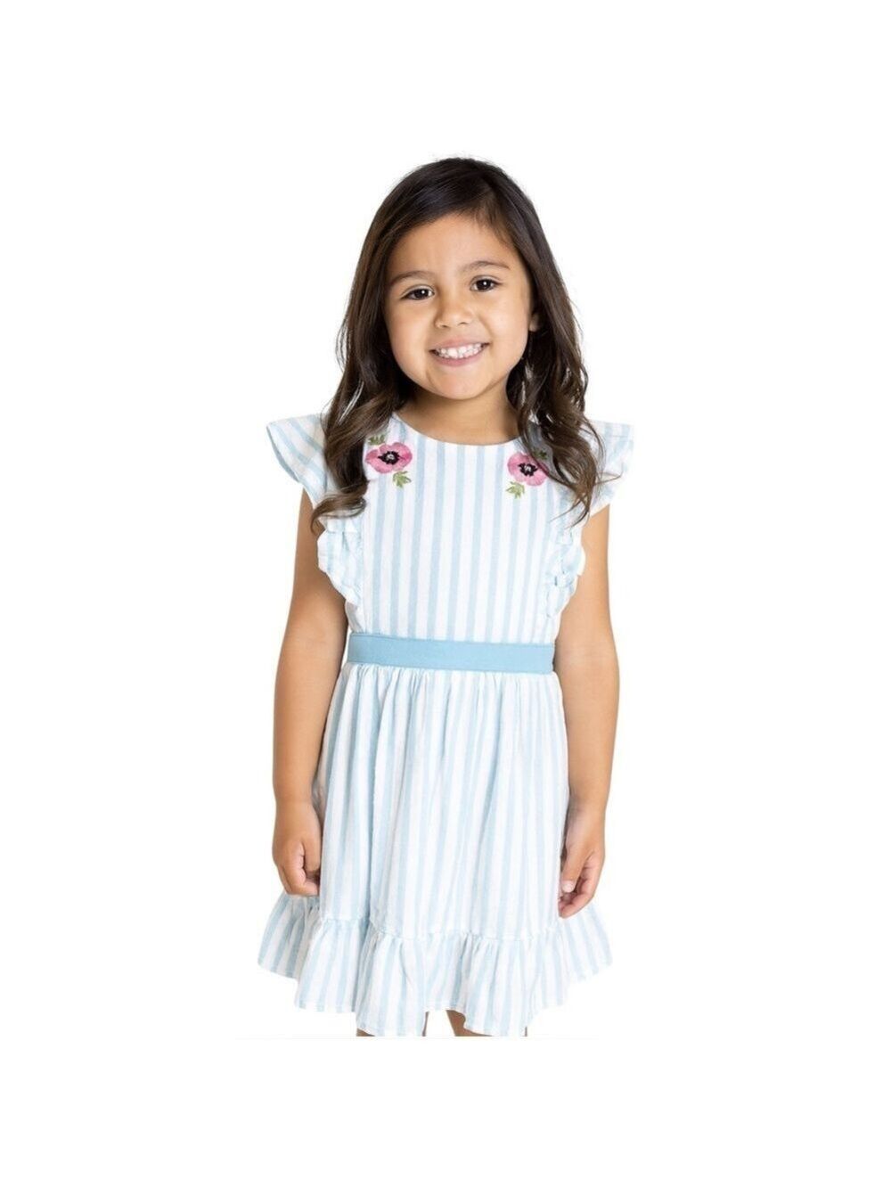 Janie and Jack Girl’s Dress Size 6 Blue White Striped Ruffle Floral Embroidery